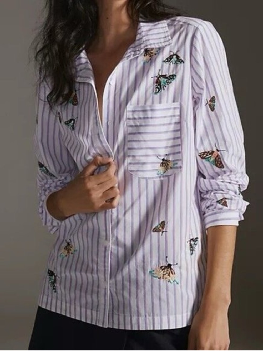 Anthropologie Maeve Lavender Stripe Embroidered Butterfly Shirt 💙💙